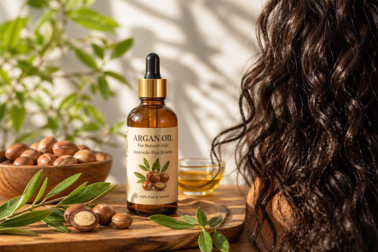 Argan oil bottle for natural hair care and Ayurvedic hair benefits