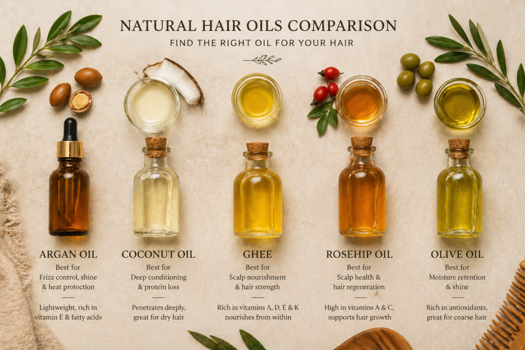 Natural hair oils comparison flat lay including argan oil for hair benefits
