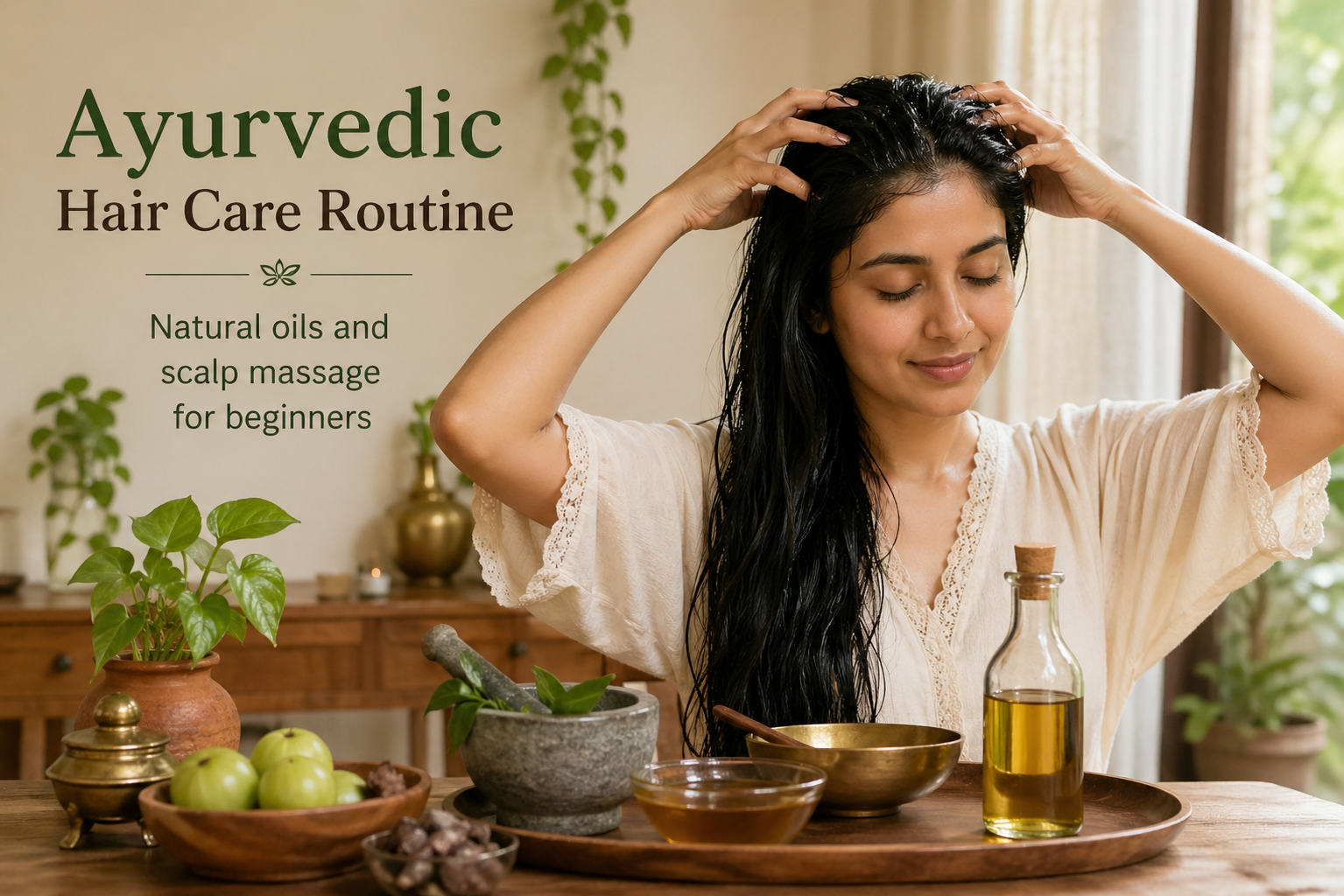 Ayurvedic hair care routine with natural oils and scalp massage for beginners