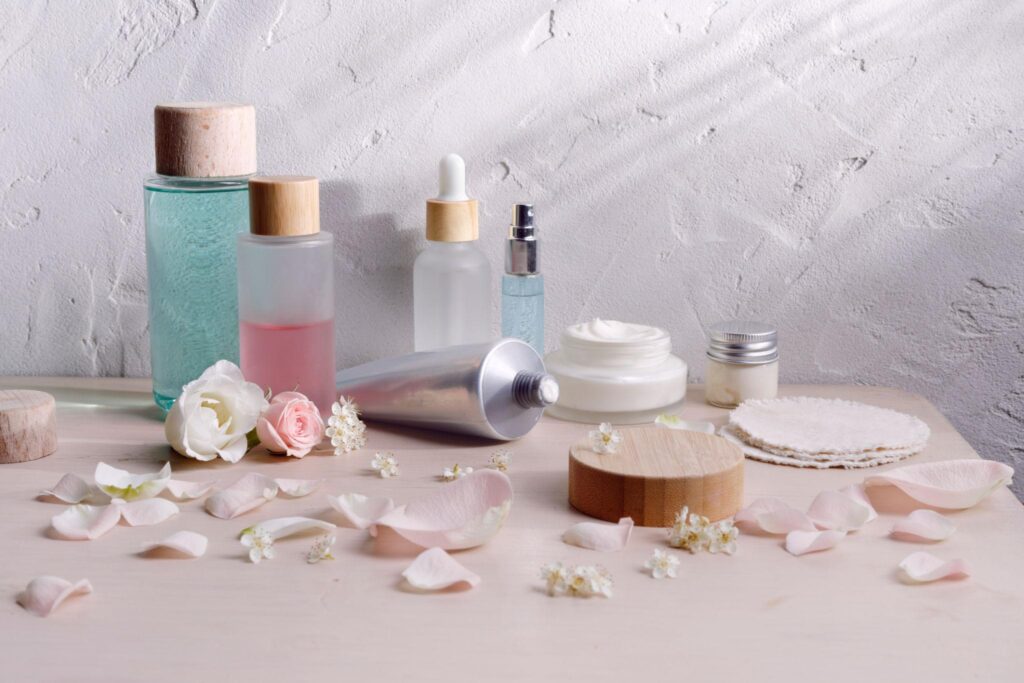 Natural skincare routine flat lay with centella asiatica products for sensitive skin