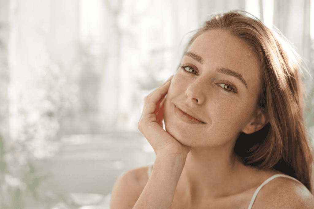 Woman with clear healthy skin in natural light after using ghee-based skincare