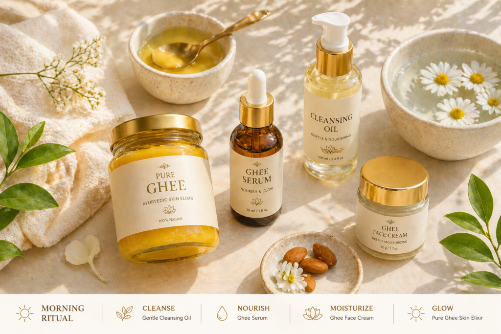 Natural Ayurvedic face ritual products including ghee serum for daily skincare routine