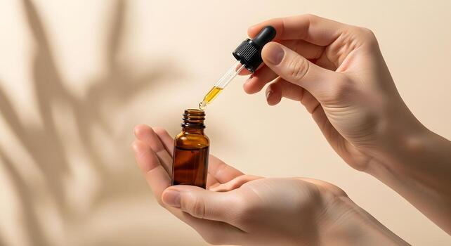Ghee and rose face serum dropper bottle on natural background for acne-prone skin