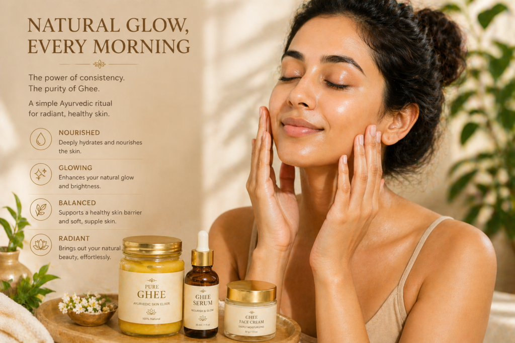 Woman with glowing natural skin after consistent ghee on face Ayurvedic ritual