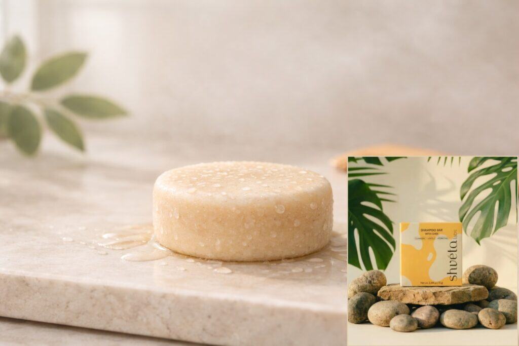 Natural ghee shampoo bar with botanical ingredients for sustainable hair care