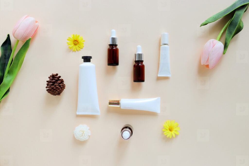 Natural skincare products laid out for a clean beauty routine