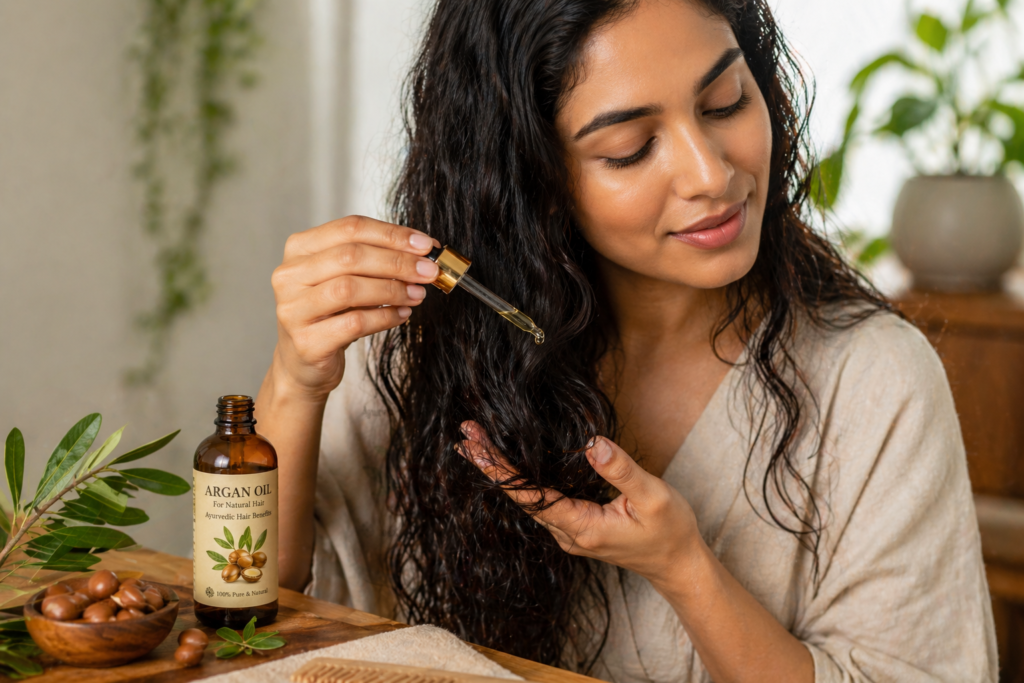 Woman applying argan oil to hair for natural Ayurvedic hair care routine