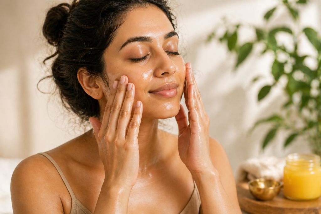 Woman performing Ayurvedic facial massage as part of ghee on face ritual guide
