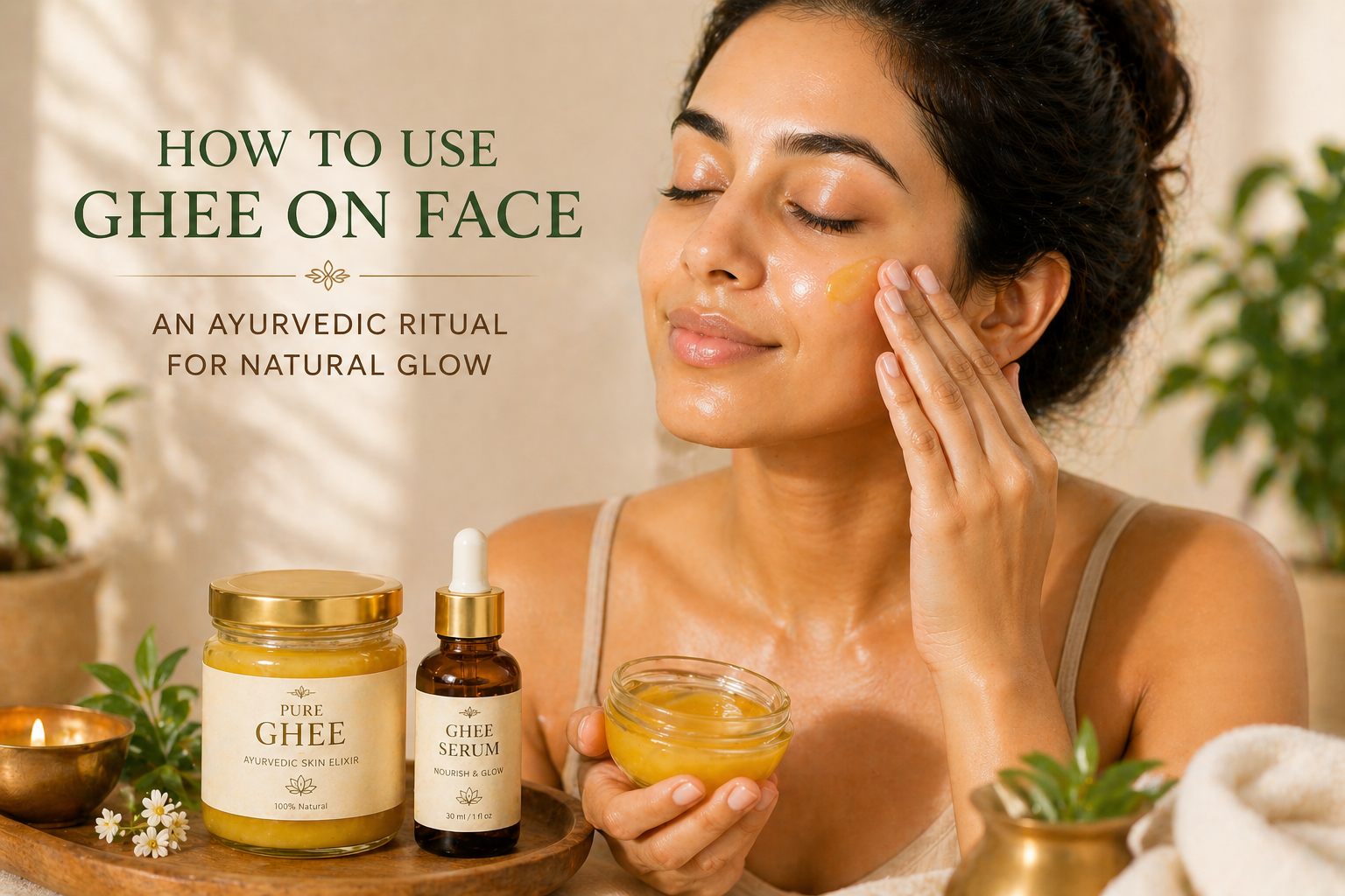 Woman applying ghee on face as part of Ayurvedic skincare ritual