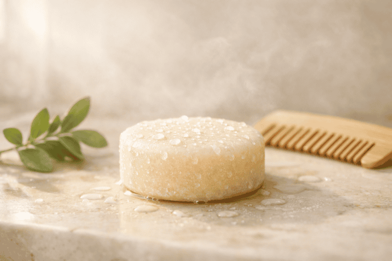 Natural ghee shampoo bar on wooden surface for sustainable hair care