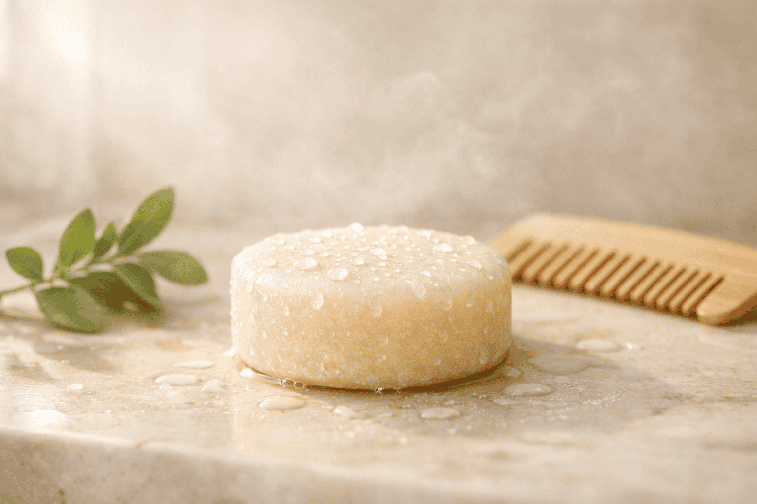 Natural ghee shampoo bar on wooden surface for sustainable hair care