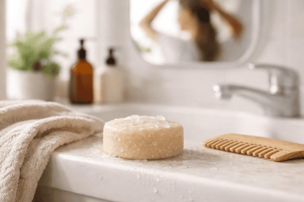 Natural shampoo bar on bathroom surface for sustainable hair care routine