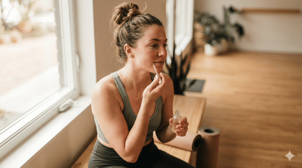 Woman applying natural face serum after hot yoga session as part of skincare routine