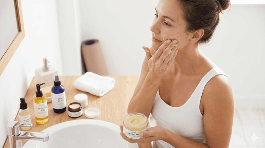 Woman cleansing her face with natural skincare before hot yoga session