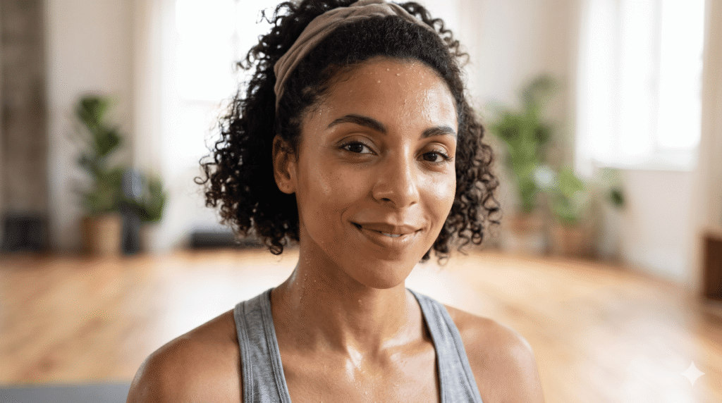 Woman with fresh glowing skin after hot yoga session and natural skincare routine