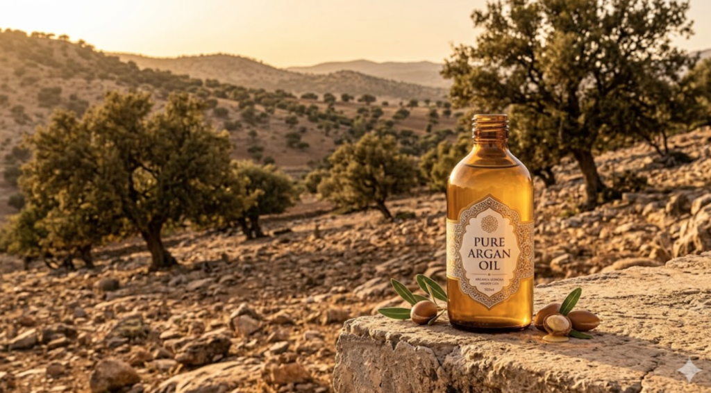 Golden argan oil bottle with Moroccan argan tree in background for natural hair care