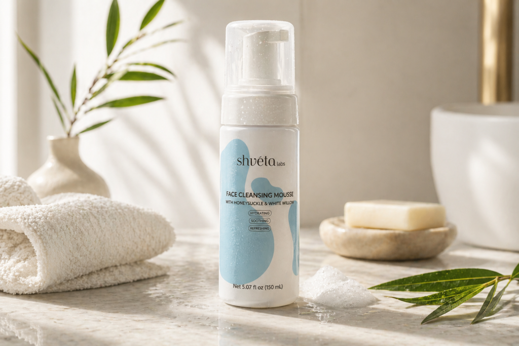 Natural face cleansing mousse with white willow bark for gentle skincare routine