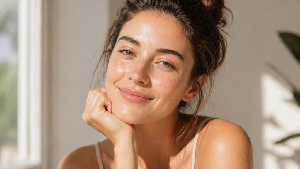 Woman with clear glowing skin after using white willow bark skincare natural alternative