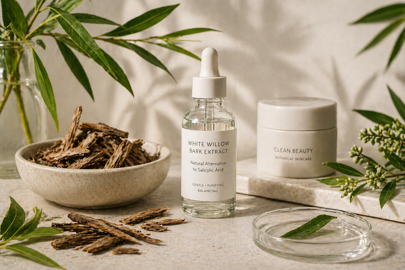 White willow bark natural skincare ingredient as alternative to salicylic acid