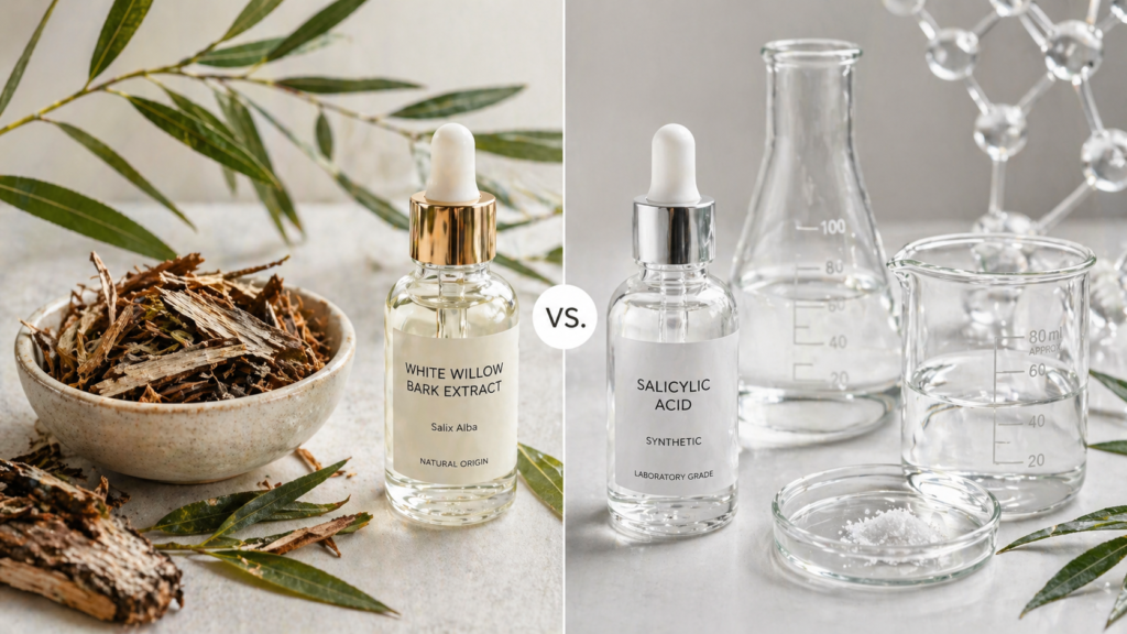 Natural botanical skincare ingredients comparing white willow bark and salicylic acid alternatives