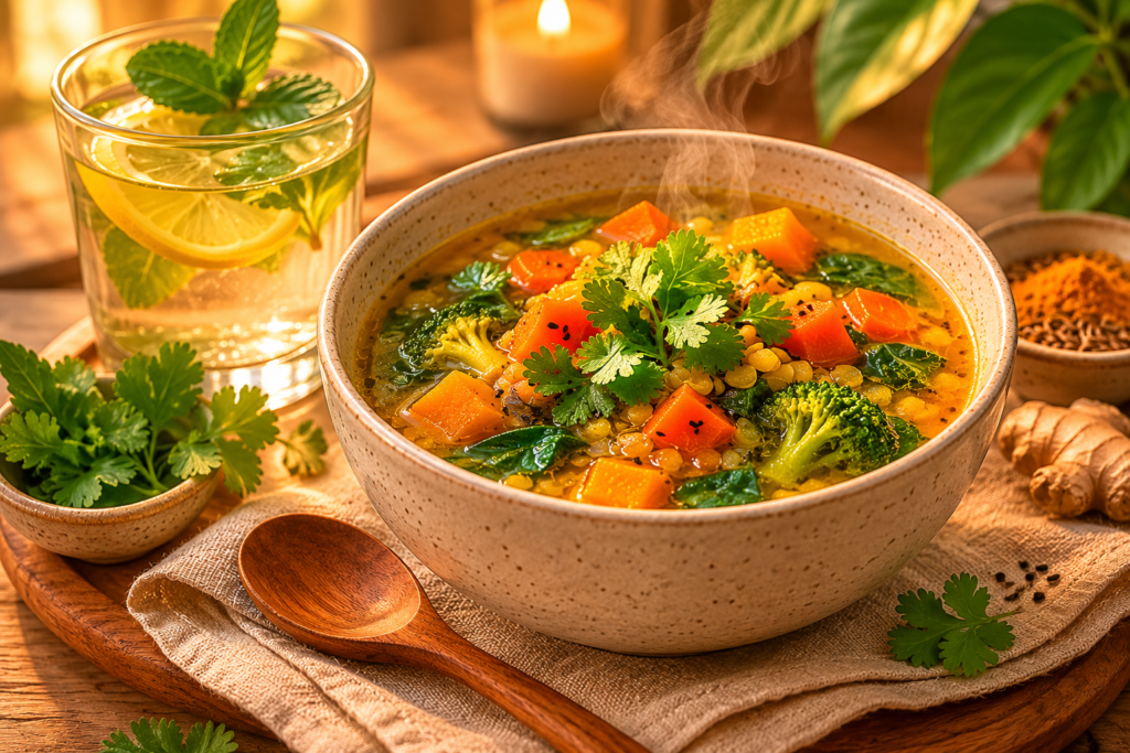 ayurvedic lunch plate supporting better skin with lentils and turmeric