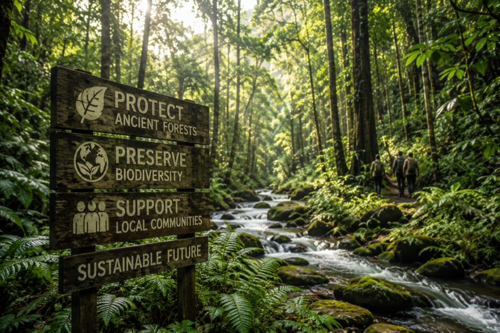 Sustainable ancient forest conservation supporting ethical skincare ingredient sourcing