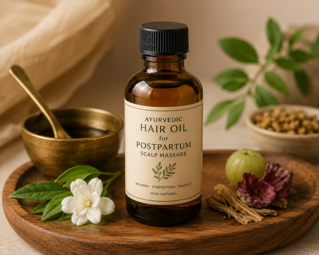 amber glass bottle of ayurvedic hair oil for postpartum scalp massage