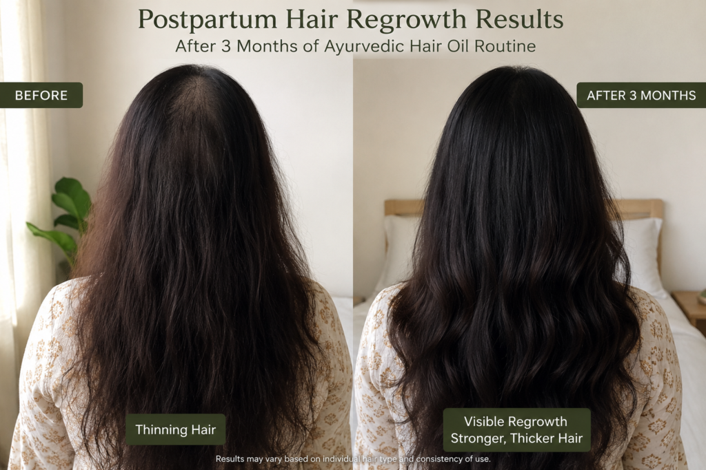 postpartum hair regrowth results after three months of ayurvedic hair oil routine