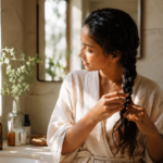 ayurvedic hair oil postpartum ritual woman braiding her hair after scalp massage
