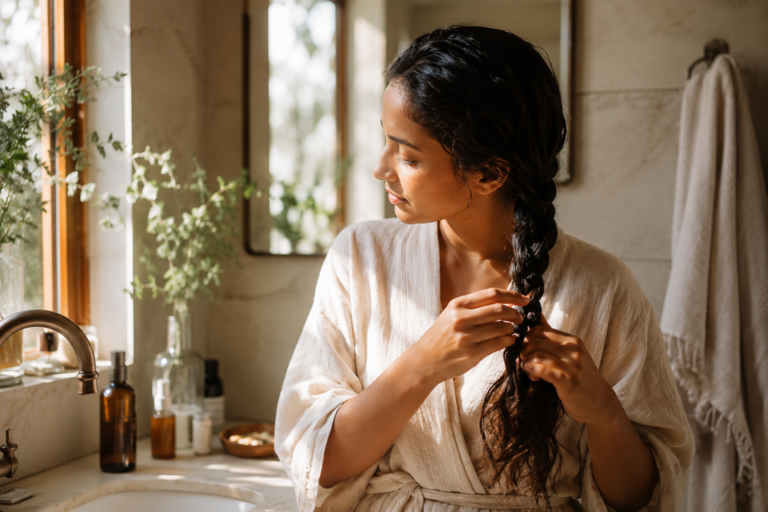 ayurvedic hair oil postpartum ritual woman braiding her hair after scalp massage