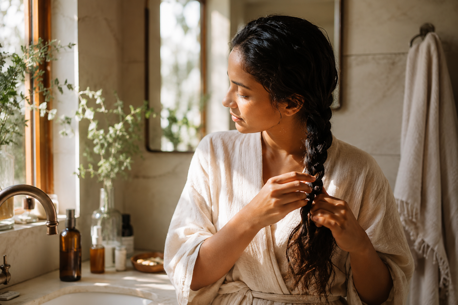 ayurvedic hair oil postpartum ritual woman braiding her hair after scalp massage