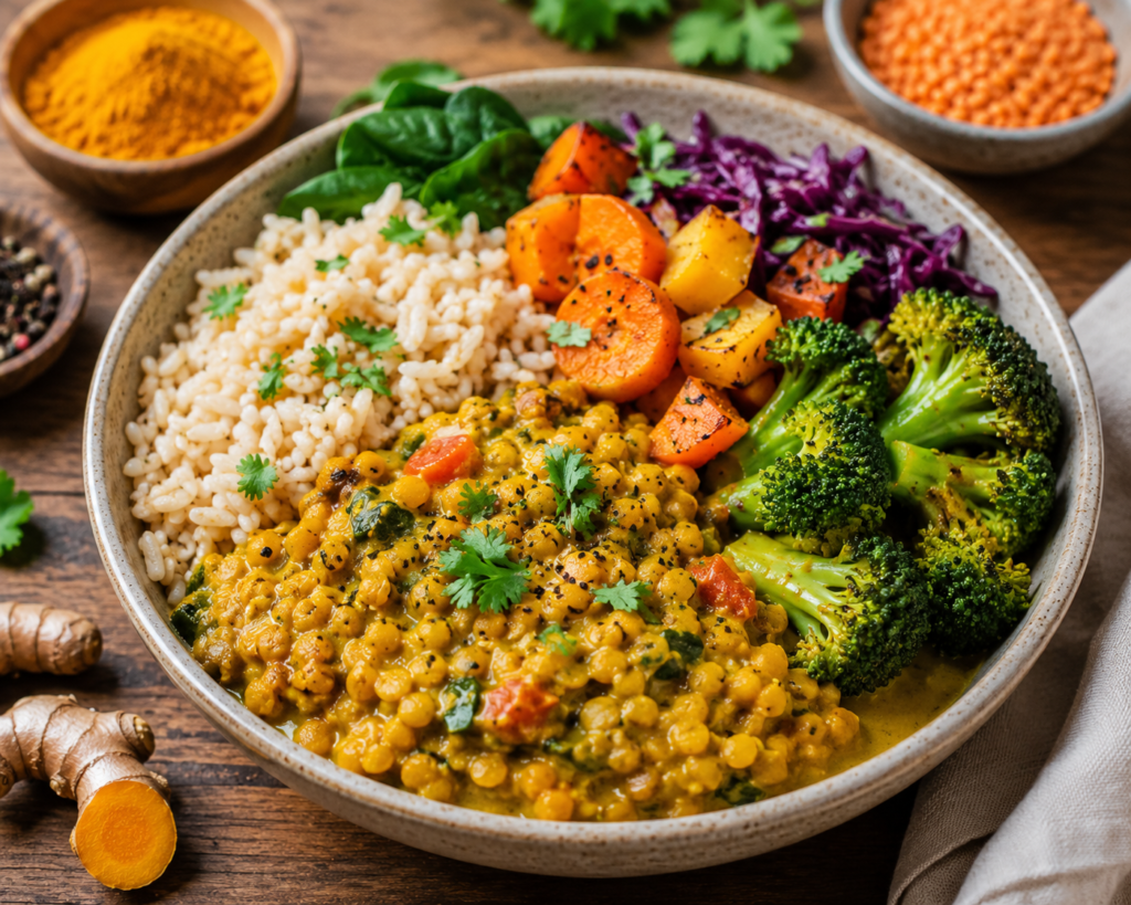ayurvedic lunch plate supporting better skin with lentils and turmeric