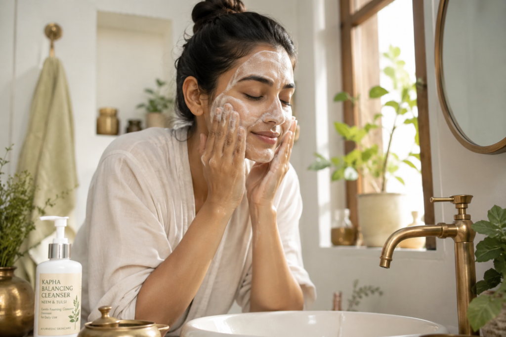 ayurvedic morning skincare routine cleansing step with foam cleanser