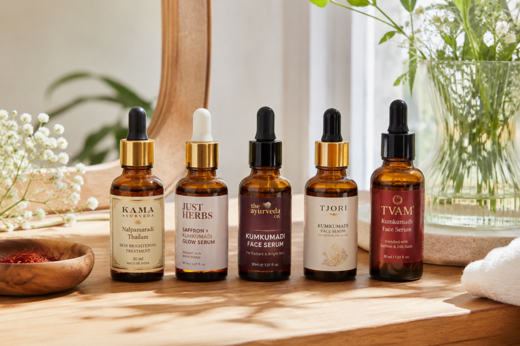 best ayurvedic face serums lined up on a wooden vanity in natural morning light