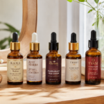 best ayurvedic face serums lined up on a wooden vanity in natural morning light