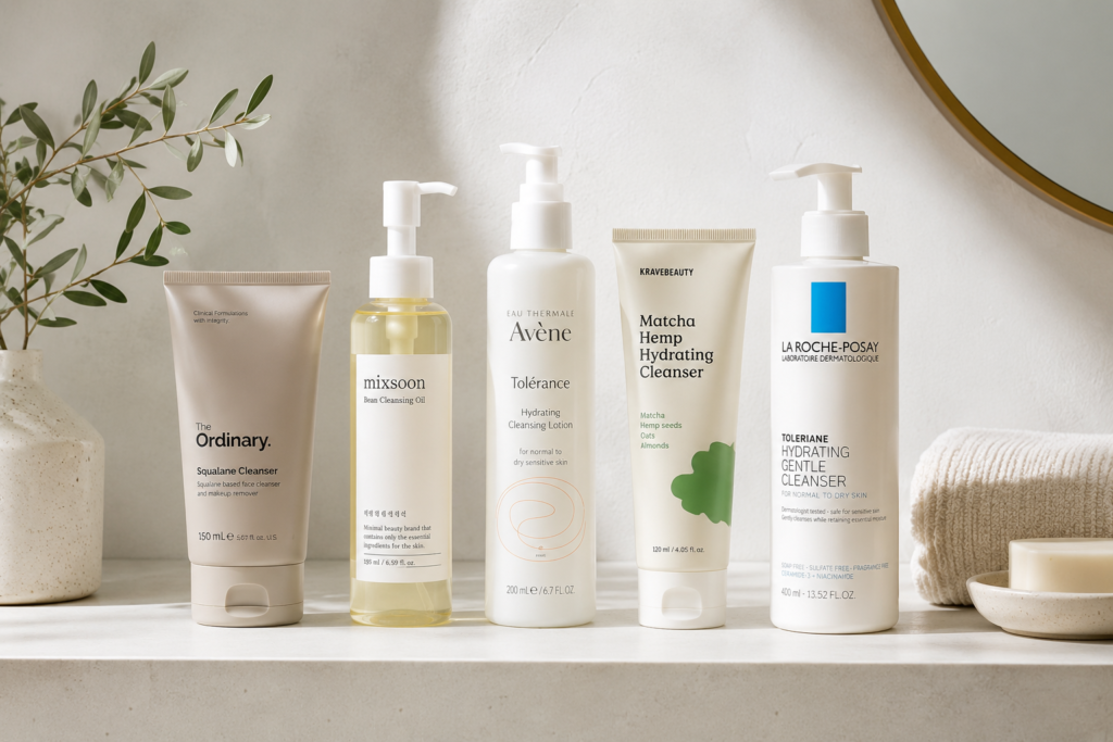 Best clean beauty cleansers under $50 displayed on a minimalist bathroom shelf