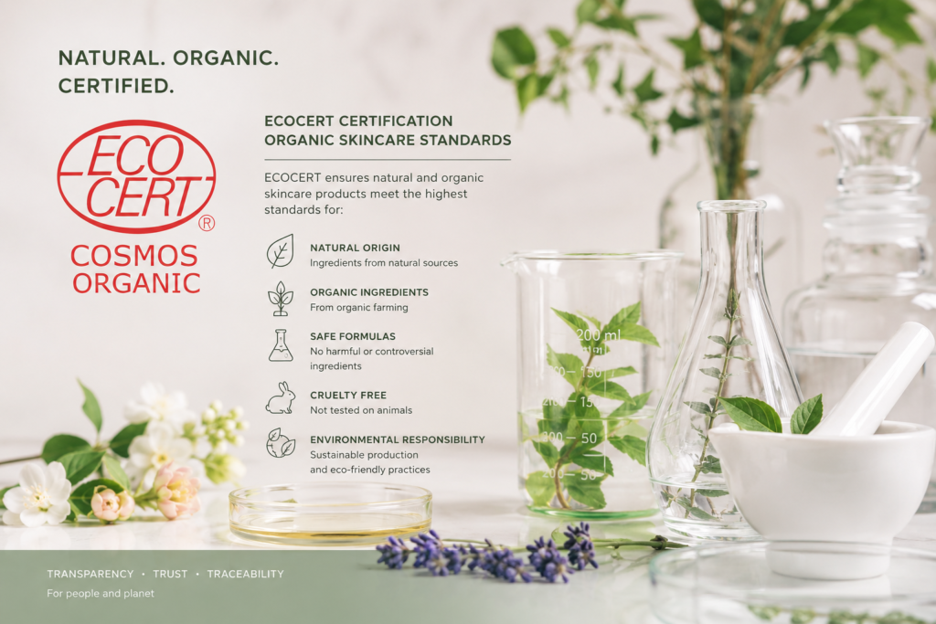 Natural botanical organic skincare ingredients meeting ECOCERT certification standards
