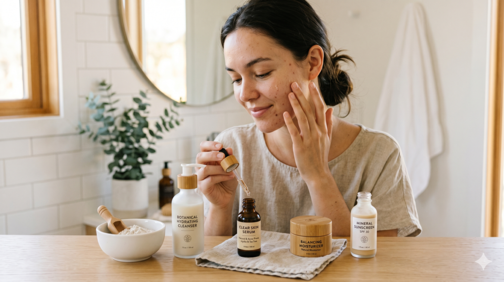 Minimal natural skincare routine with face serum for acne-prone skin