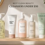Best clean beauty cleansers under $50 displayed on a minimalist bathroom shelf