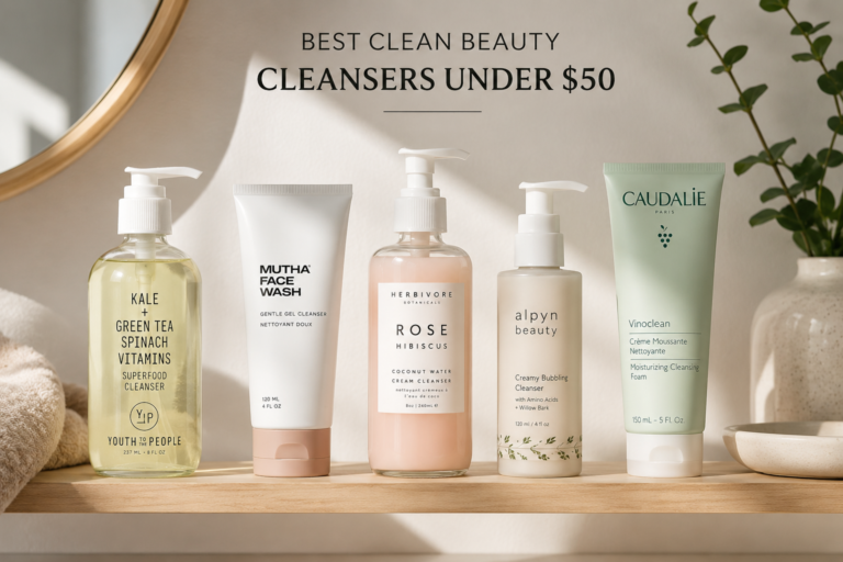 Best clean beauty cleansers under $50 displayed on a minimalist bathroom shelf