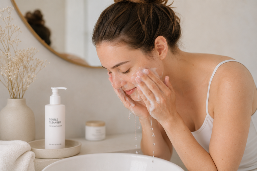 gentle cleanser step in a minimalist skincare routine for sensitive skin