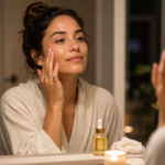 ghee on face 30 days, woman applying facial oil at night