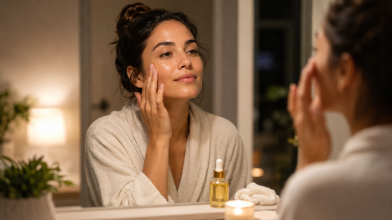 ghee on face 30 days, woman applying facial oil at night