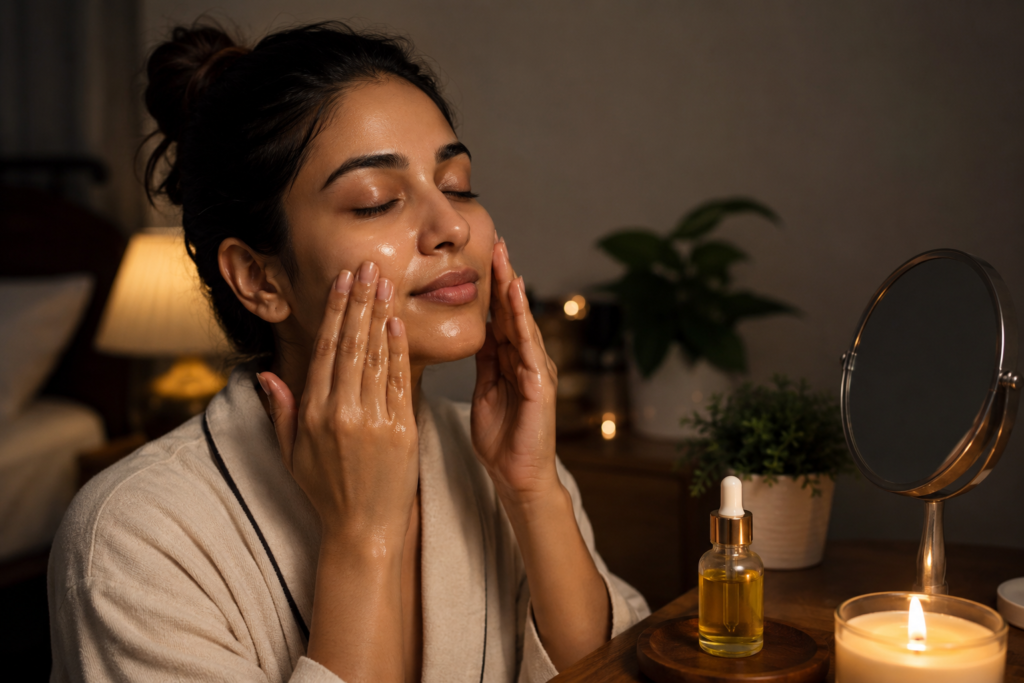 ghee on face 30 days, woman pressing facial oil into skin at night