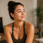 hot yoga skin benefits visible as post-class glow on woman's face