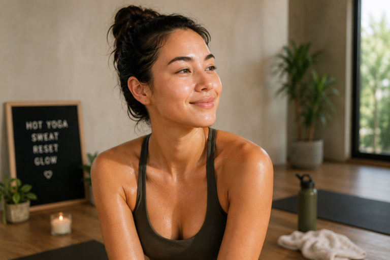 hot yoga skin benefits visible as post-class glow on woman's face