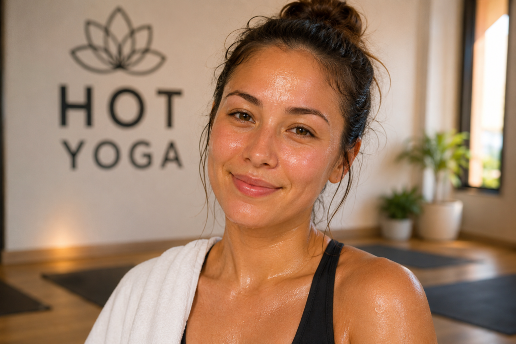 hot yoga skin benefits visible as post-class glow on woman's face