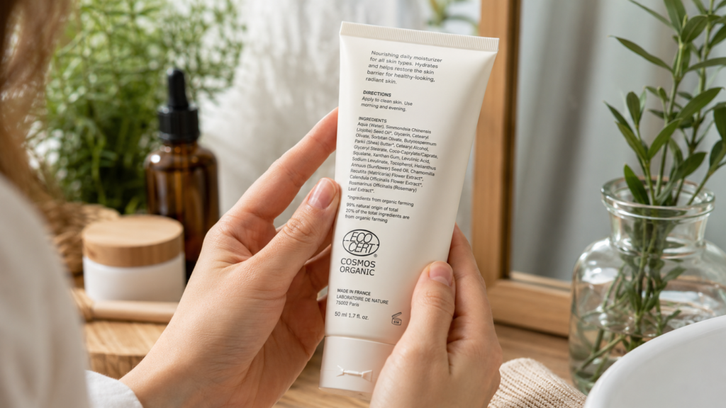 Reading organic skincare certification label ECOCERT COSMOS on natural beauty product