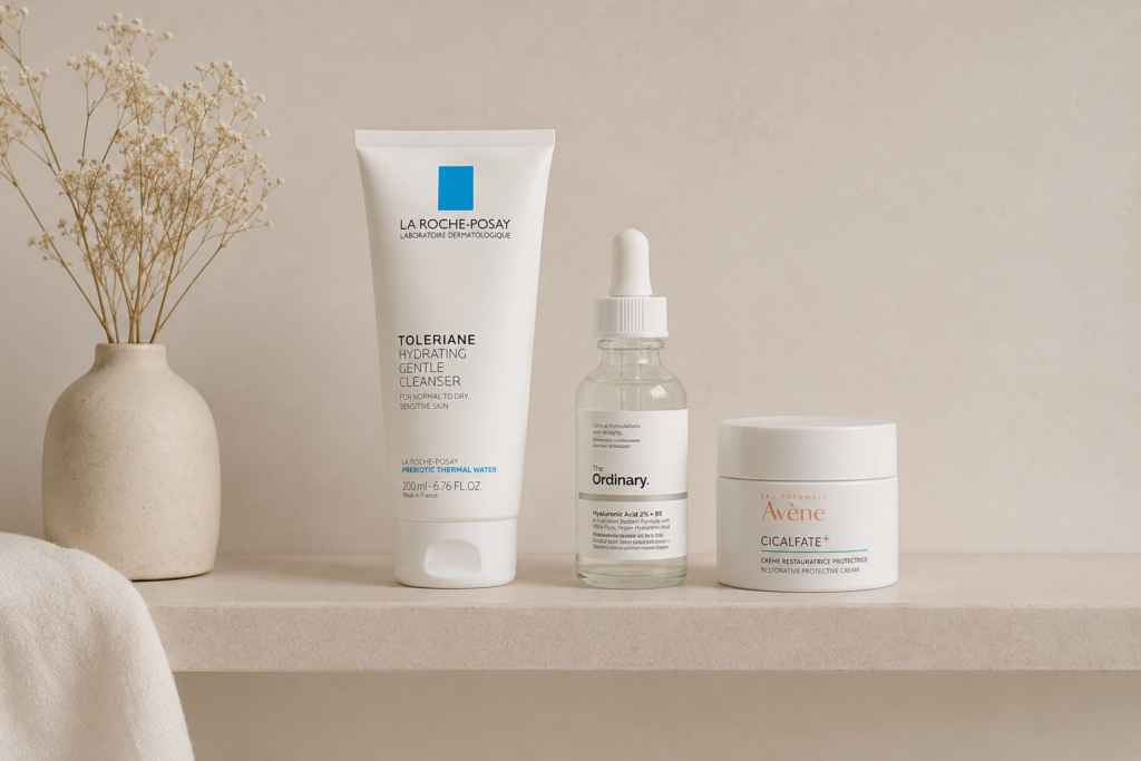 minimalist skincare routine sensitive skin with three products on a neutral shelf