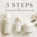 minimalist skincare routine for sensitive skin with three products on a neutral shelf